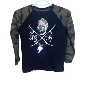 Boys Skate Streetwear Reversible Sequin Skull Camo Raglan Long Sleeve Top M(7-8)